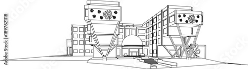 Architectural vector perspective of a modern commercial building, featuring unique cantilevered wings decorated with butterfly mural art.