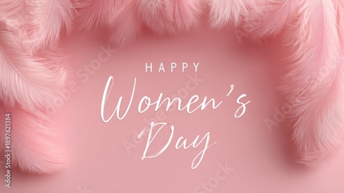 Celebration of Women's Day with pink feathers and text on a soft background