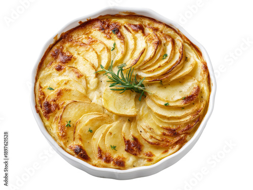 Delicious Scalloped Potatoes in a Baking Dish. Isolated Transparent Background, PNG