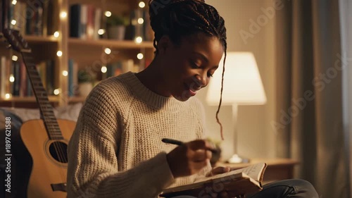 Young Black Woman Writing in Notebook by Guitar, Cozy Evening Study Session