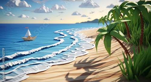 Origami quilling-style seaside artwork featuring palm trees, coconuts, surfers, and sunbathers on sandy shore