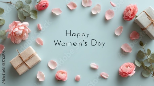 Celebration of Women's Day with gifts and flowers arranged on a light blue background