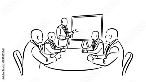 A group of businessmen in a meeting around a table with a presenter standing at the front.