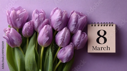Flowers and calendar showing March 8 in a simple setting with light purple colors