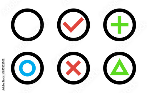 チェックボックス アイコン セット、シンプル、チェック、丸、バツ、三角、プラス