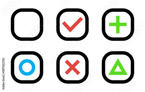 チェックボックス アイコン セット、シンプル、チェック、丸、バツ、三角、プラス