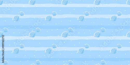 Vector seamless pattern with bright sea shells on a blue background. Minimal and modern marine design perfect for summer textiles, wrapping paper, and beach-themed decor