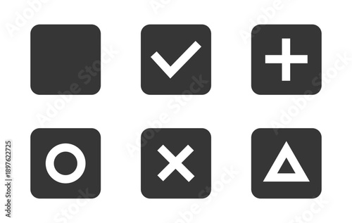 チェックボックス アイコン セット、シンプル、チェック、丸、バツ、三角、プラス