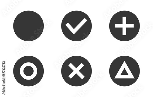 チェックボックス アイコン セット、シンプル、チェック、丸、バツ、三角、プラス