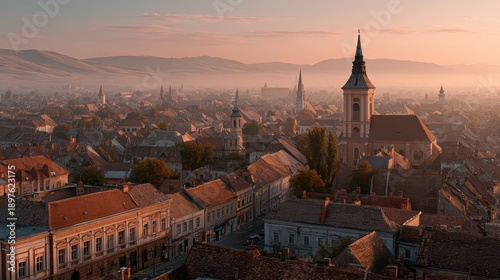 Wallpaper Mural Aerial view of historic european town at sunset with church steeple amidst misty landscape and rolling hills in background Torontodigital.ca