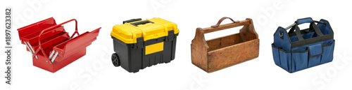 Four different toolboxes and tool carriers showcasing a variety of designs, materials, and functionalities for organizing and transporting tools.