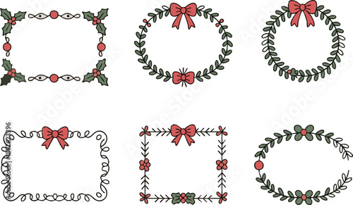 Set of vintage doodle hand drawn Xmas borders with branches Christmas tree, whimiscal lines, decorative patterns, mistletoe, lights garland. Trendy holiday frames for poster, card,