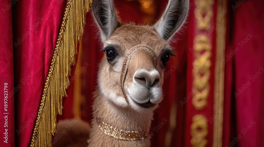 Fototapeta premium Elegant llama in luxurious red and gold setting with decorative halter and fringed curtains