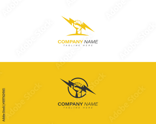 Hand holding thunderbolt logo design. Hand holding lightning logo. hand with flash vector illustration.