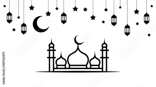 A black and white illustration of a mosque with hanging lanterns and stars