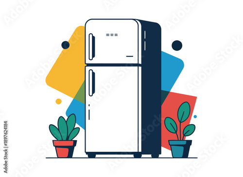 A modern refrigerator with two potted plants in front of a colorful geometric background