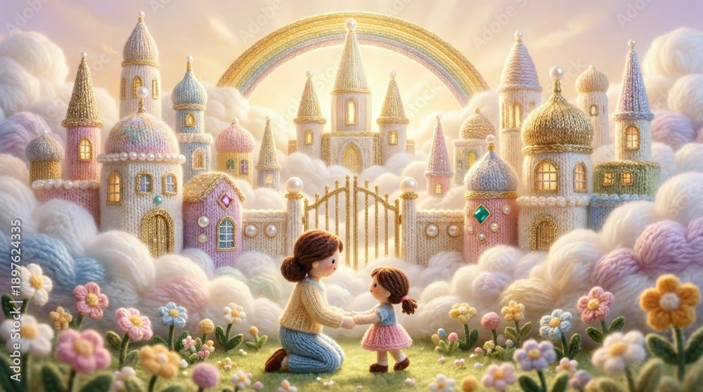 Fototapeta premium Woman with child in knitted heaven with rainbow, golden gate, and castle for Christian kids storybook