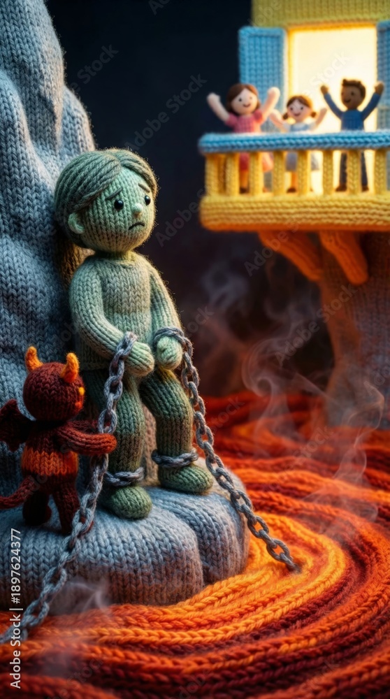 Fototapeta premium Knitted man on a rock with chains and red devil in a hell-like scene as happy people are in light. Biblical story for kid book.