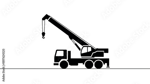 A black silhouette of a crane truck on a white background