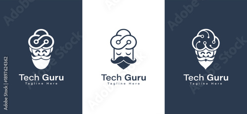 Tech bearded gadget guru logo template design. Creative tech guru logo design.