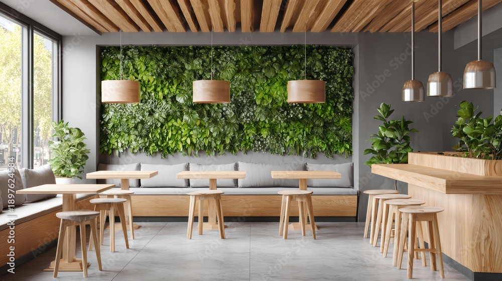 Fototapeta premium Modern café interior with vertical garden, wooden furniture, and natural lighting, featuring minimalist design and green aesthetics