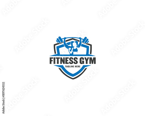  Fitness gym logo with male and female silhouette lifting barbell inside shield emblem template. gym or fitness logo concept.