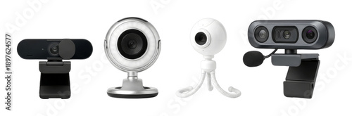 Four different webcams for various online communication needs, including models with integrated lighting, flexible tripods, and external microphones, displayed side by side.