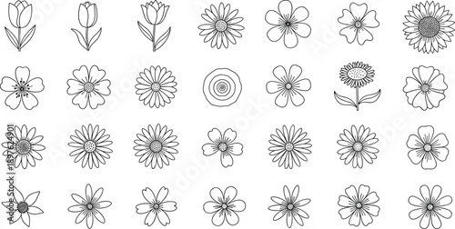 Collection of minimalist black and white flower line icons featuring various floral species like tulips, daisies, sunflowers, and simple hand-drawn botanical blossoms