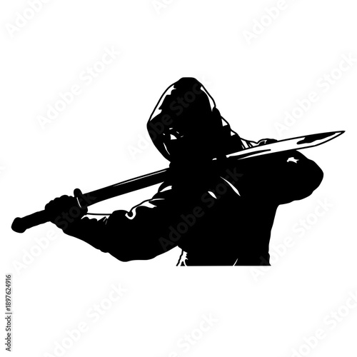 A bold black-and-white silhouette of a hooded warrior holding a katana in a dynamic battle stance. Strong contrast, mysterious vibe, and dramatic action perfect for martial arts or ninja-themed design