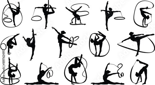 Collection of black silhouettes featuring female rhythmic gymnasts performing athletic routines with ribbons and hoops in various artistic and graceful poses on white background