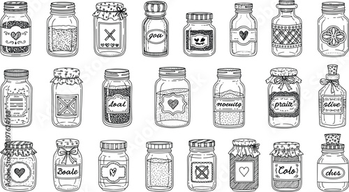 Large collection of hand-drawn vintage mason jars and glass bottles with decorative labels, heart motifs, twine bows, and textured fillings on white background