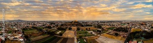 Panoramic aerial view of the Great Pyramid of Cholula and church, Puebla, Mexico