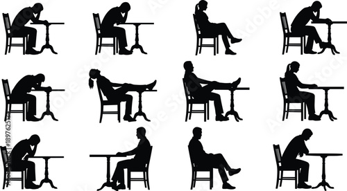 Collection of bored and tired people sitting at tables, male and female silhouettes for architectural visualization cad drawing flat vector illustration