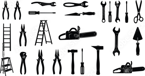 Collection of black silhouettes featuring various construction and DIY hand tools like wrenches, pliers, hammers, screwdrivers, ladders, chainsaws, and scissors on white background
