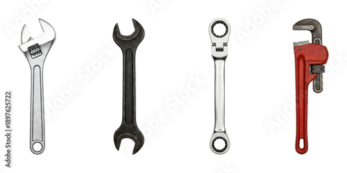 Four different types of wrenches and spanners are displayed side by side, showcasing various designs and functions for mechanical and plumbing tasks.