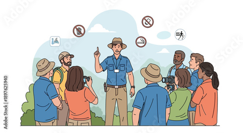 Engaging Outdoor Tour Guide Explains Park Rules To Diverse Group Of Tourists