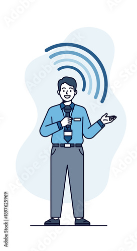 Engaging Presenter With Microphone Broadcasting Ideas And Information
