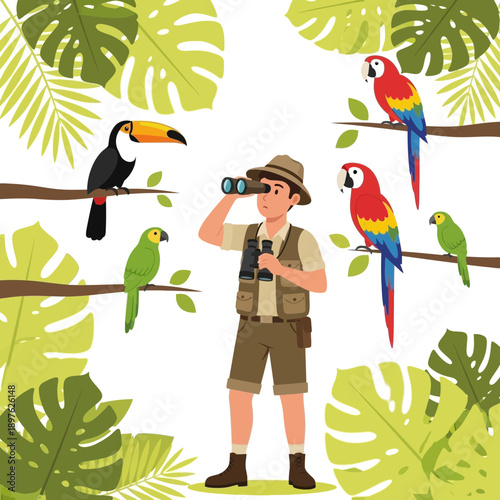 Enthusiastic Wildlife Explorer Observing Exotic Birds Amidst Lush Jungle Foliage
