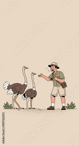 Enthusiastic Zookeeper Interacting Playfully With Ostriches In A Natural Habitat