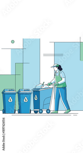 Environmental Worker Collecting Recyclables From Blue Bins Promoting Sustainability