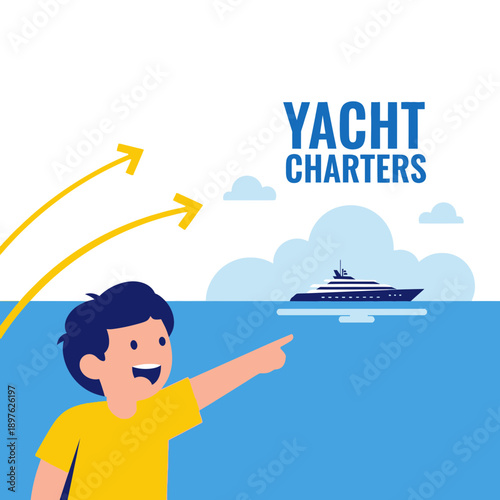 Excited Boy Points To Luxury Yacht Charter Advertisement In Clear Blue Water