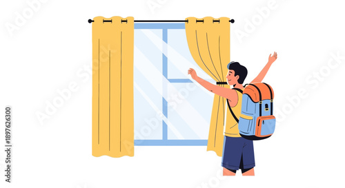 Excited Traveler Opening Curtains To New Adventure Ready For Exploration