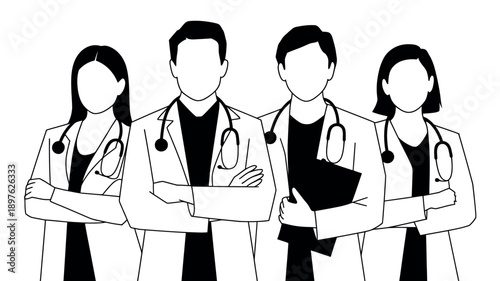 A group of medical professionals standing together in a line, wearing lab coats and stethoscopes.