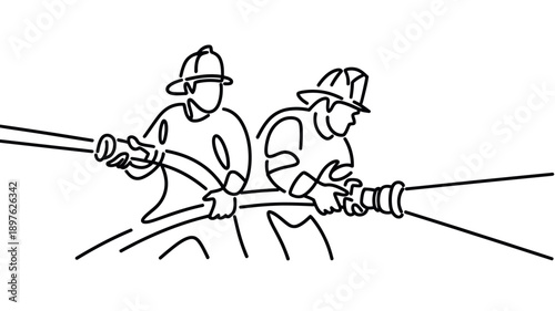 Two workers in hard hats pulling a rope together in a simple line drawing.