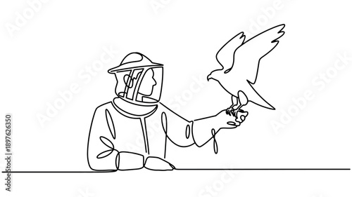 A beekeeper in a protective suit gently holds a dove in their hand.