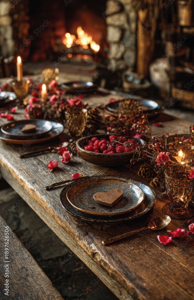 Fototapeta premium Rustic Valentines Table by Fireplace with Raspberries and Candles