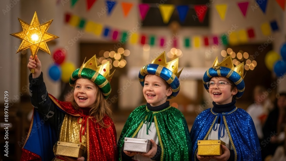 Fototapeta premium Group of happy children dressed as the Three Kings for Epiphany. Kids in nativity costumes celebrating holiday, a Christian tradition event.