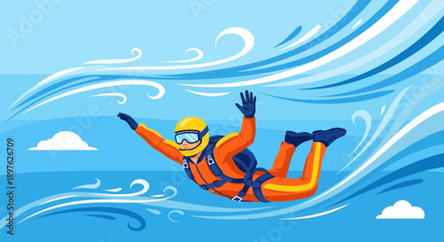 Exhilarating Skydiving Adventure With Stylized Wind Currents Blue Sky Background