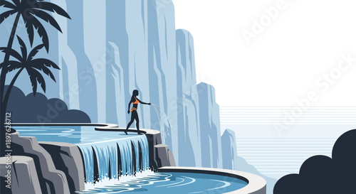 Exotic Waterfall Oasis With A Solitary Figure Enjoying Refreshing Waters