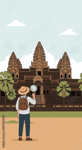 Explorer Discovering Ancient Asian Temple Complex With Magnifying Glass